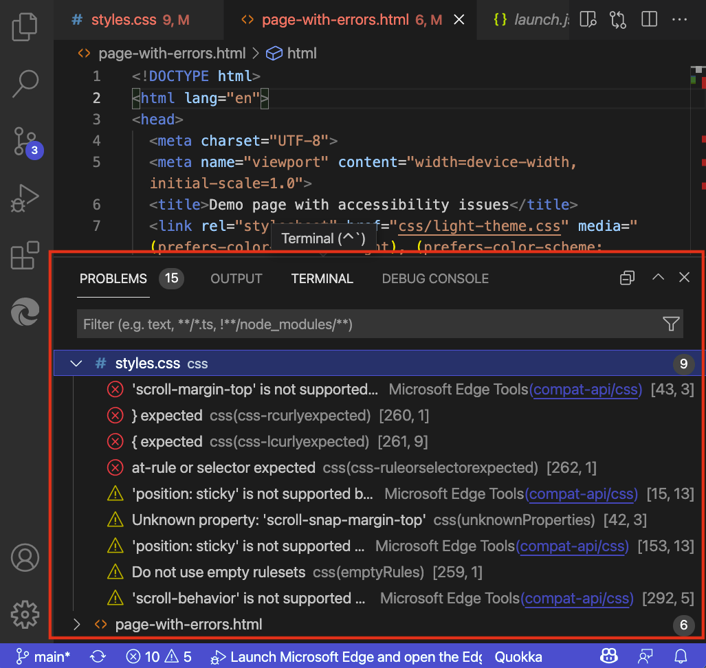 O separador Problemas no painel inferior do Visual Studio Code, listando todos os problemas encontrados nos ficheiros do projeto