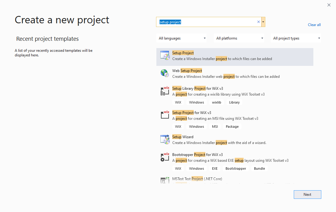 Visual Studio Installer de Implementação do WebView2: Criar Projeto de Configuração