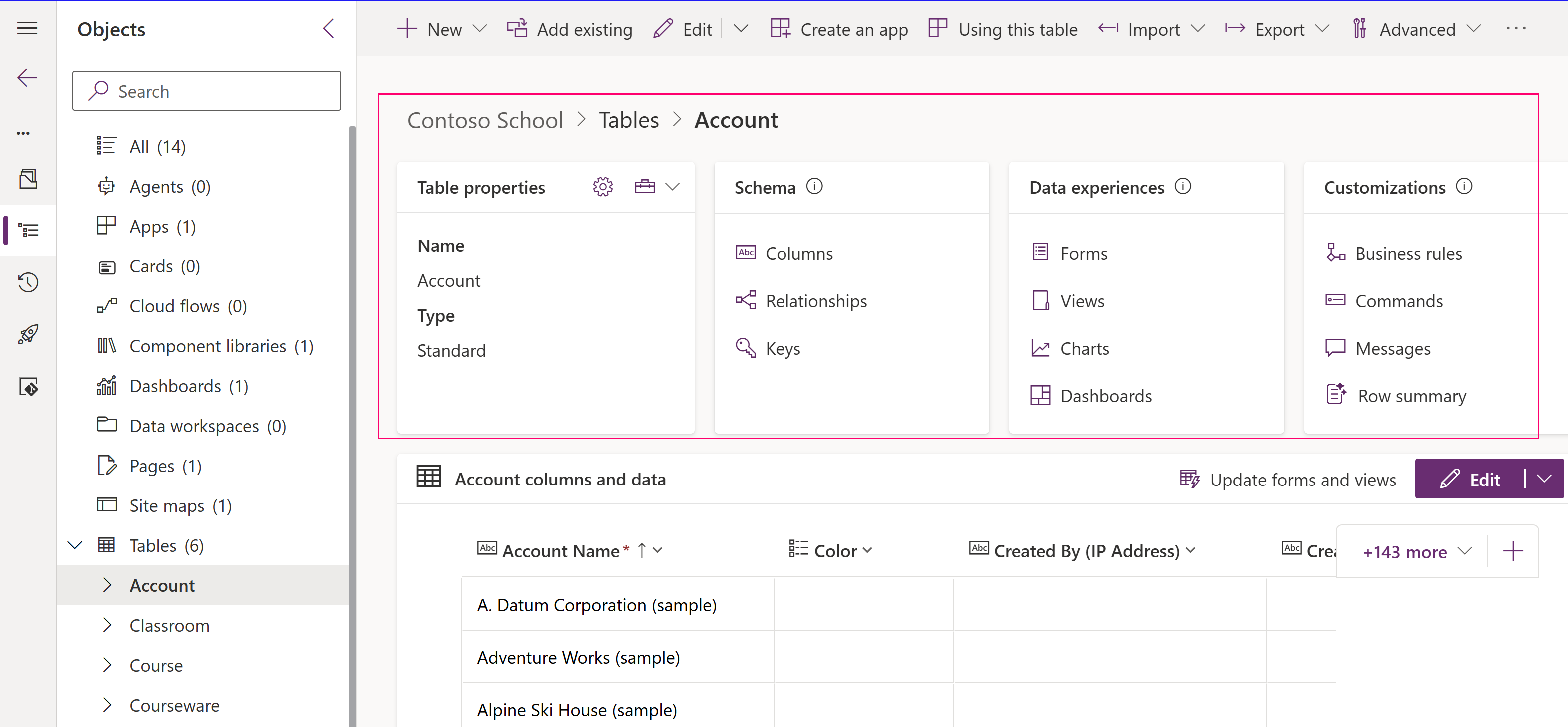 Tabela de contas com objetos para exibir