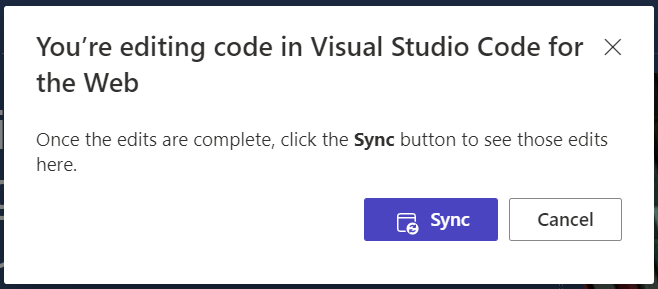 Interface para permitir ao utilizador selecionar o botão Sincronizar para sincronizar alterações feitas em Visual Studio Code para Design Studio.