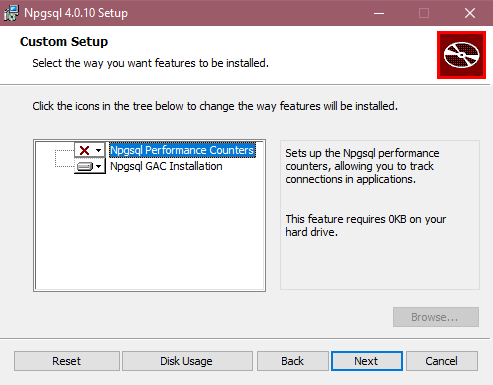 Captura de tela do instalador do Npgsql com a instalação do GAC selecionada.