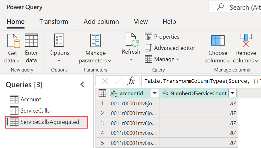 Captura de ecrã que enfatiza as tabelas computadas no Power BI Premium.