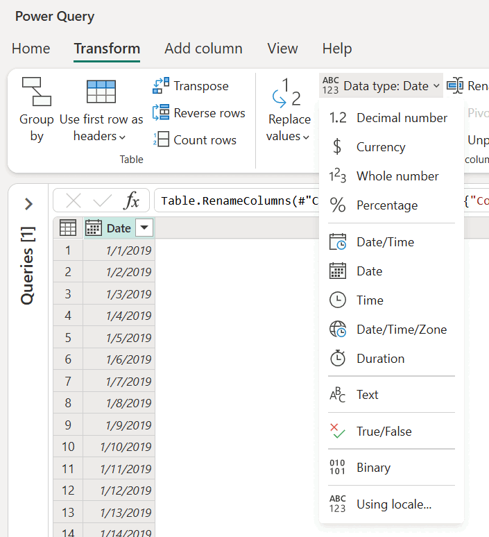 Captura de ecrã do menu de tipos de dados na aba Transformar.