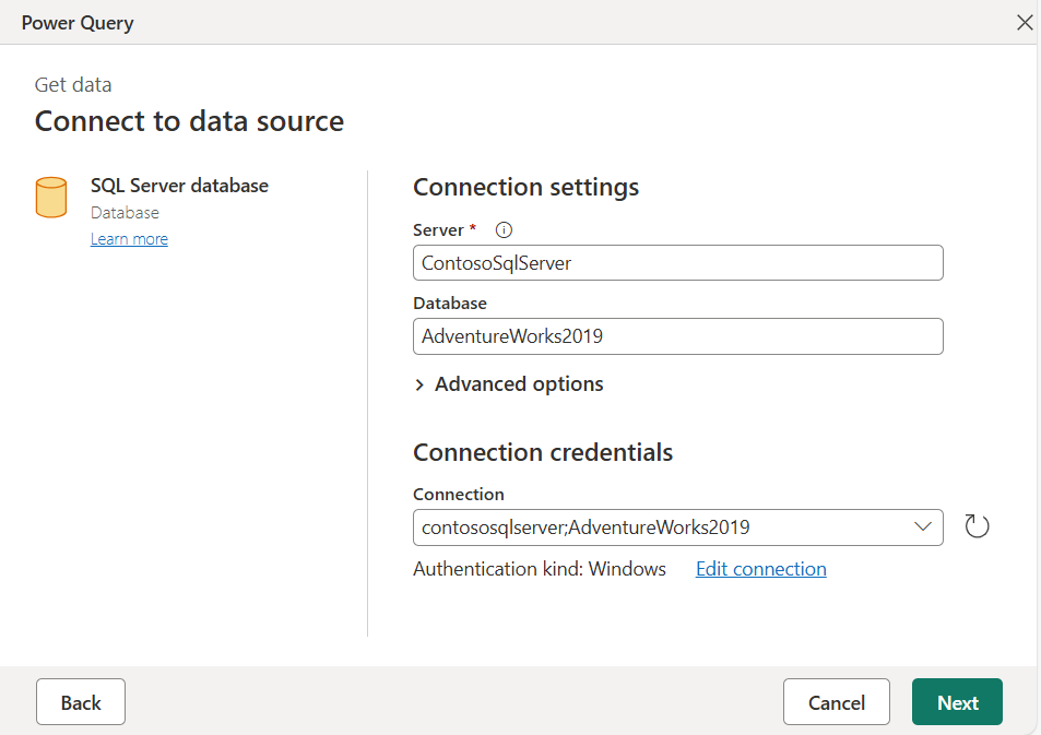 Captura de ecrã do diálogo das definições de ligação para a ligação à base de dados AdventureWorks2019 numa instância local do SQL Server.