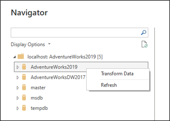 Captura de ecrã da opção de transformar dados no menu contextual dentro da janela do Navegador.