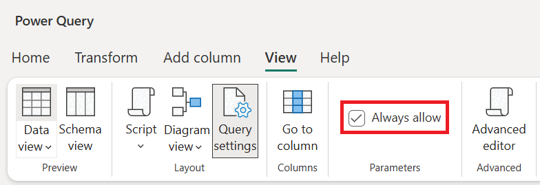 Captura de ecrã da barra de ferramentas Power Query com a opção Sempre permitir destacada.