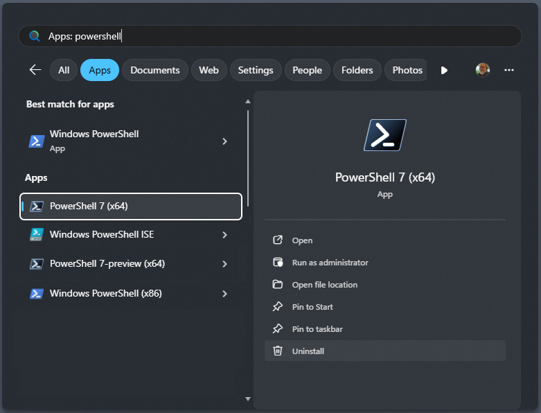 PowerShell no Menu Iniciar.