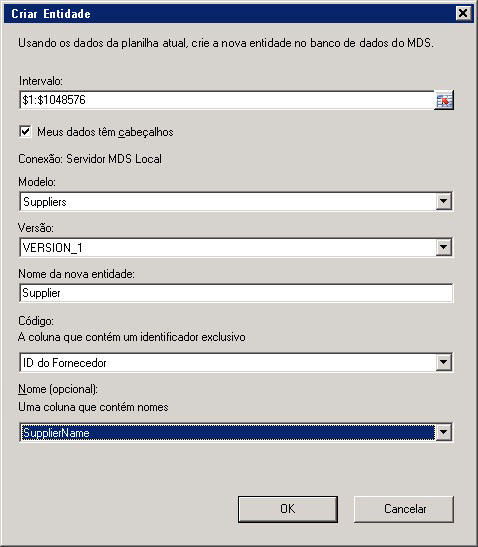 Caixa de diálogo Criar Entidade