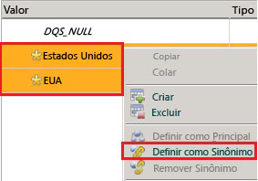 Menu Definir como Sinônimos