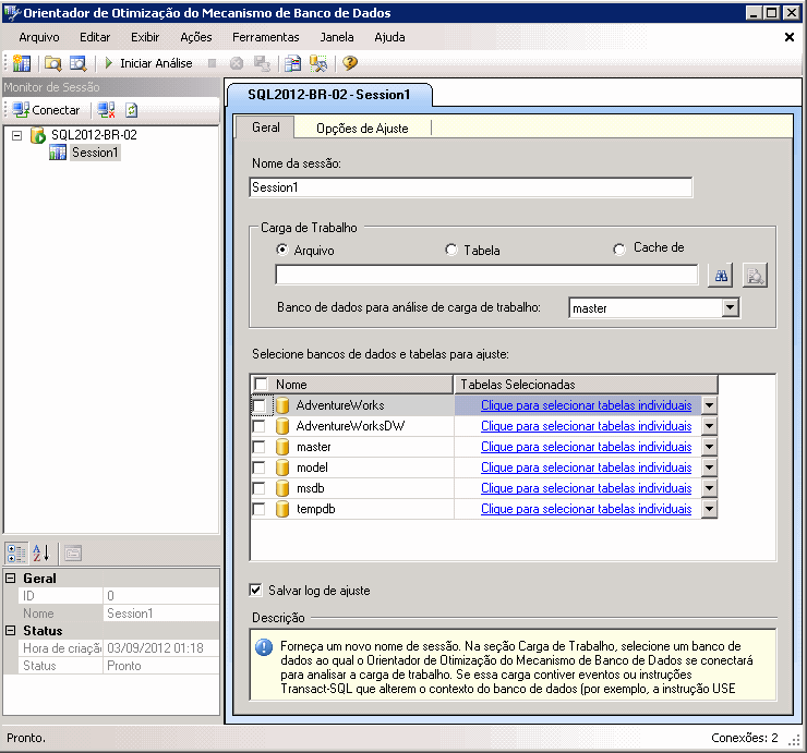 Janela padrão do Orientador de Otimização do Mecanismo de Banco de Dados