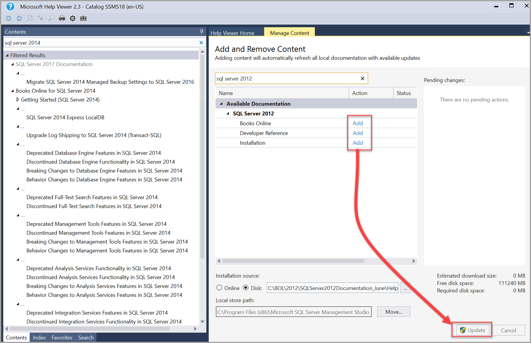 Manuais do SQL Server 2014 adicionam e atualizam no Help Viewer