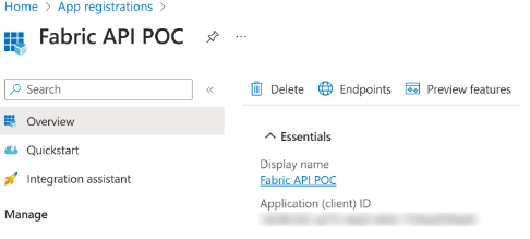 Captura de tela que mostra um aplicativo no Azure após o registo.