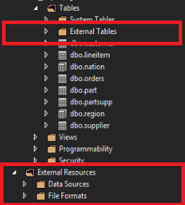 Uma captura de ecrã dos objetos PolyBase no explorador de objetos do SSDT.