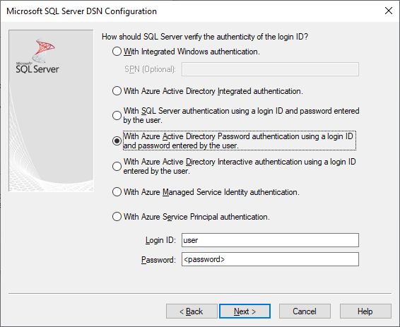 O ecrã de criação e edição do DSN com autenticação Microsoft Entra Password selecionada.