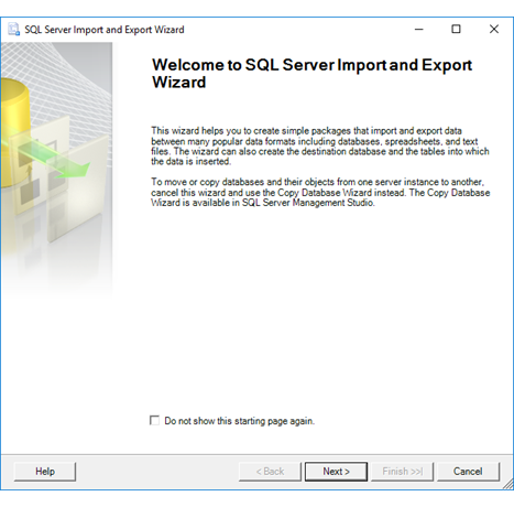 Página de boas-vindas do Assistente de Importação e Exportação