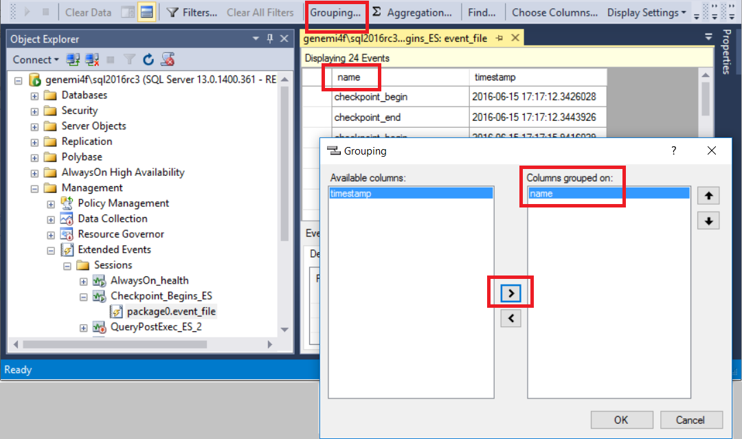 Captura de ecrã que mostra a barra de ferramentas com Agrupar selecionado e a caixa de diálogo Agrupar.