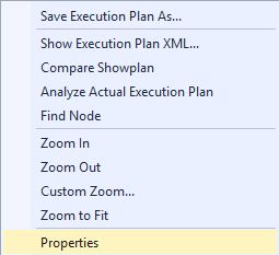Uma captura de tela do SQL Server Management Studio indicando onde clicar com o botão direito do mouse nas Propriedades em um operador de plano.
