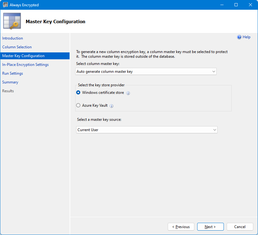 Captura de ecrã da seleção da chave mestra do Assistente Sempre Encriptado usando a loja de certificados.