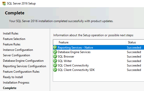 Captura de ecrã da página Completa no assistente de instalação. Uma tabela lista várias funcionalidades e um estado de Concluído com sucesso para cada uma.