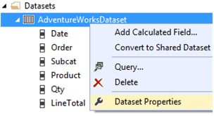Captura de ecrã do menu de contexto do AdventureWorksDataset a destacar a opção Propriedades do Conjunto de Dados.