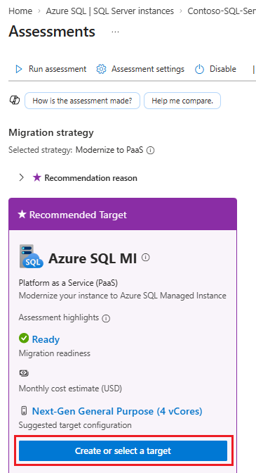 Captura de ecrã que mostra o painel de Avaliações no portal Azure, com Create target destacado.