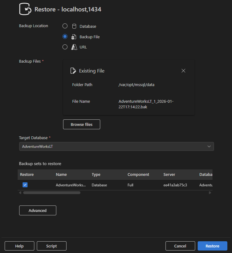 Captura de ecrã do diálogo Restaurar com a opção de Ficheiro de Backup selecionada.