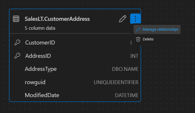 Captura de tela do ponto de entrada do gerenciamento de relacionamentos no designer de esquema.