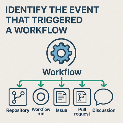 Diagrama que mostra vários gatilhos de fluxo de trabalho em Ações do GitHub, como push, pull request, schedule e manual dispatch.
