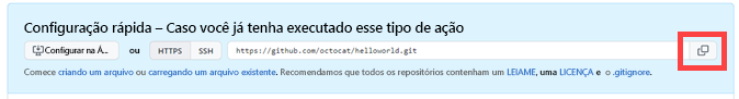 copiar URL do repositório remoto, captura de ecrã, configuração rápida