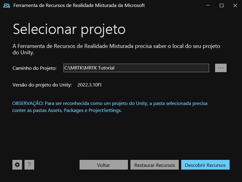 Captura de ecrã da tela Caminho do Projeto da ferramenta de Realidade Mista.