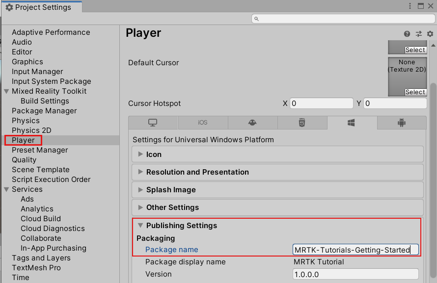 Captura de tela das Configurações de publicação do Unity com a caixa de nome do pacote preenchida.
