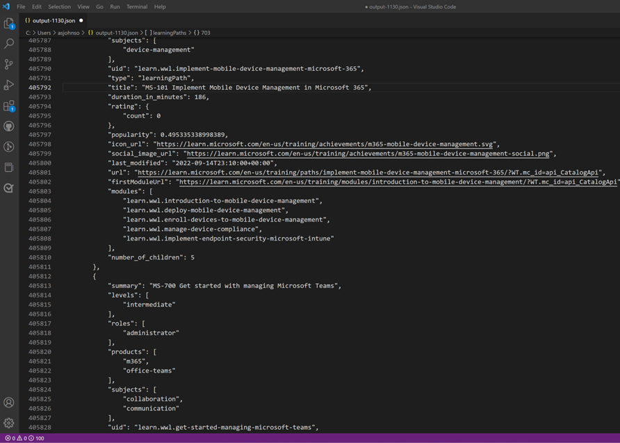 Captura de ecrã da saída da API do Catálogo do Learn no Visual Studio Code.