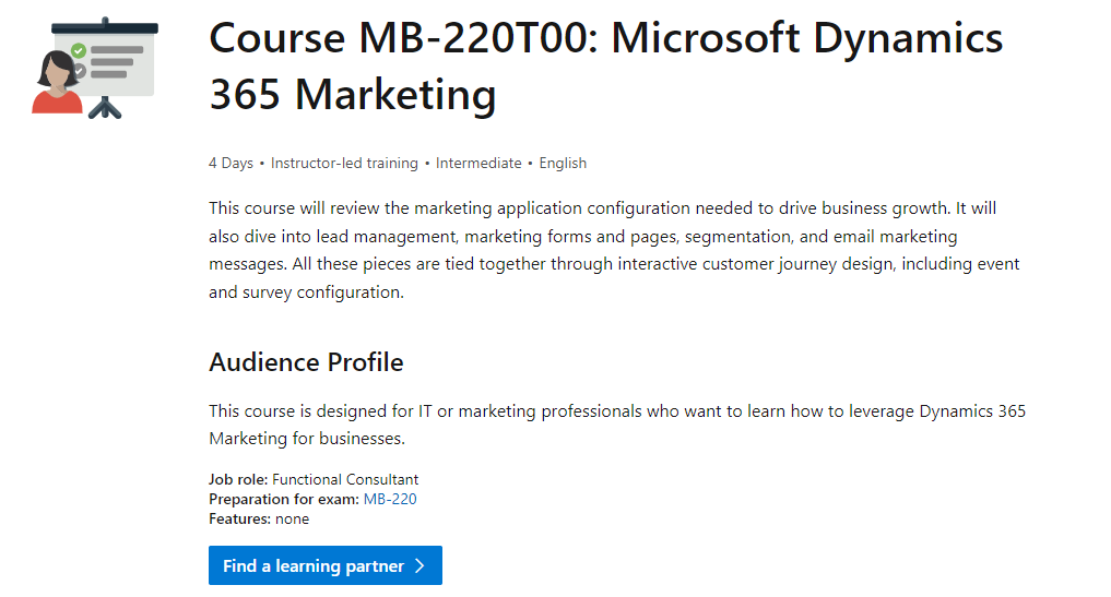 Captura de ecrã mostrando a página detalhada do Curso MB-220T00: Microsoft Dynamics 365 Marketing