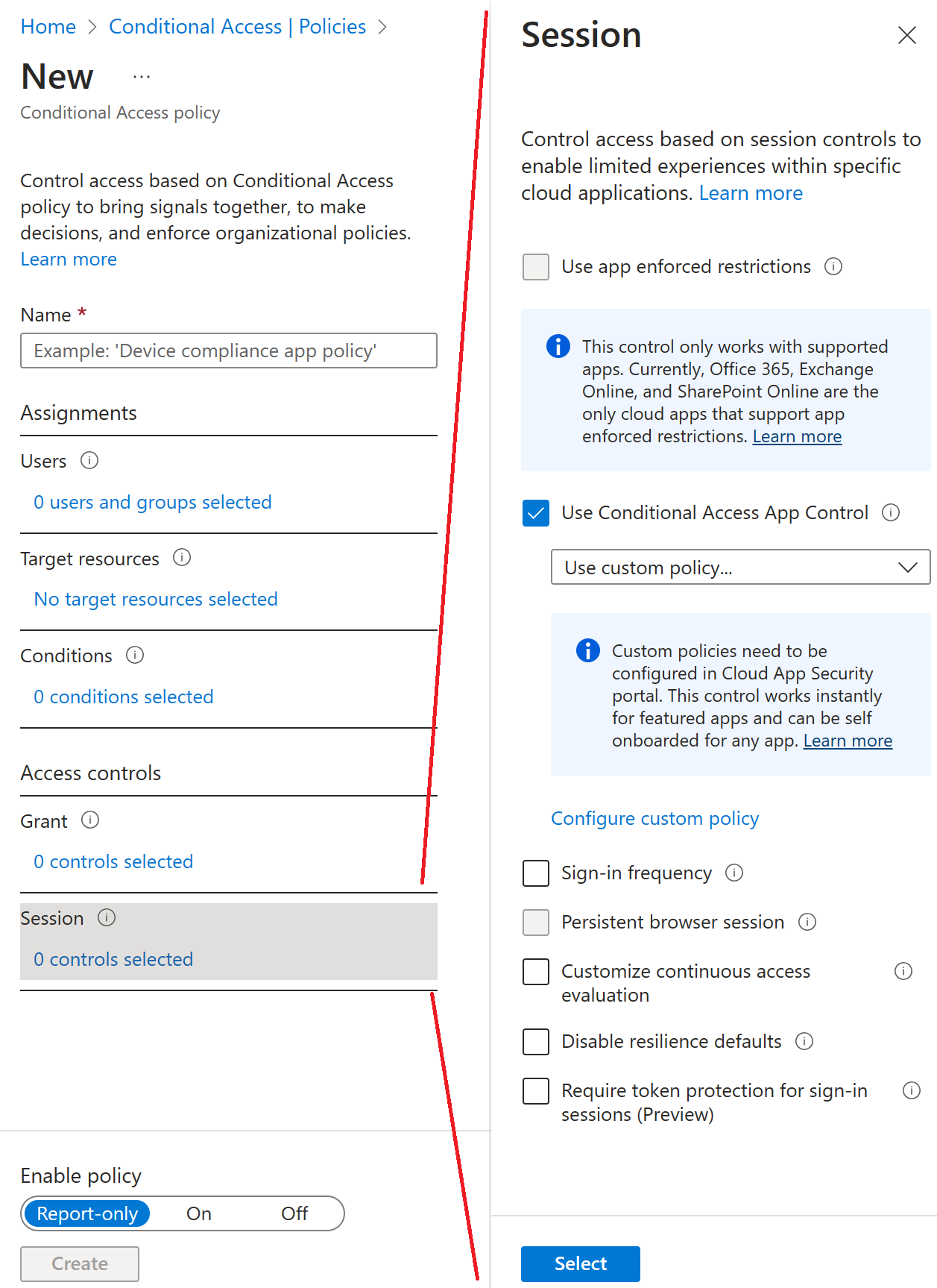Captura de ecrã do Controlo de Aplicação de Acesso Condicional selecionado no assistente de acesso condicional.