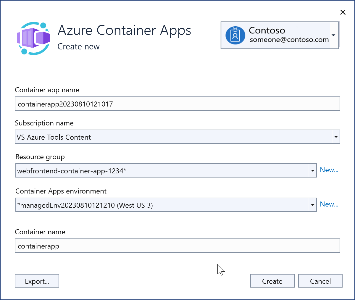 Captura de ecrã a mostrar a criação de uma nova instância das Aplicações de Contentor do Azure.