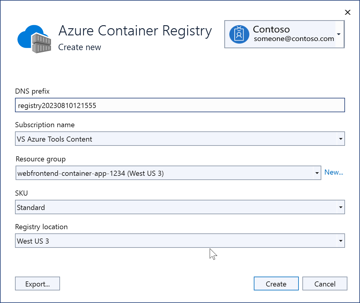 Captura de ecrã a mostrar um novo Registo de Contentor do Azure que acabou de ser criado.