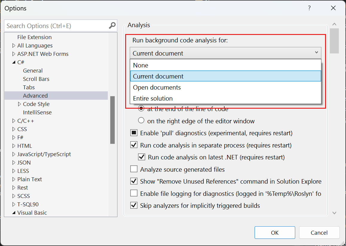 Captura de tela que mostra as opções de escopo de análise de código em segundo plano no Visual Studio.
