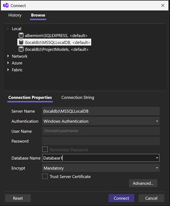 Captura de ecrã do diálogo Connect do SQL Server Object Explorer.