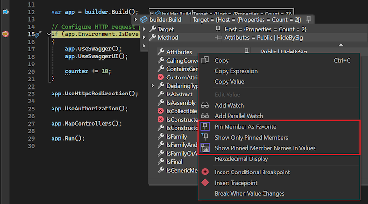 Captura de tela do menu do botão direito do mouse para membros em uma dica de dados, que inclui as opções 'Desafixar membro como favorito' e 'Mostrar apenas membros fixos'.