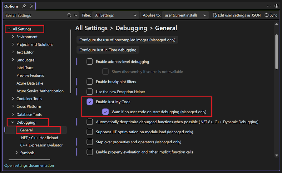 Captura de tela que mostra como selecionar a opção Habilitar apenas meu código no Visual Studio.