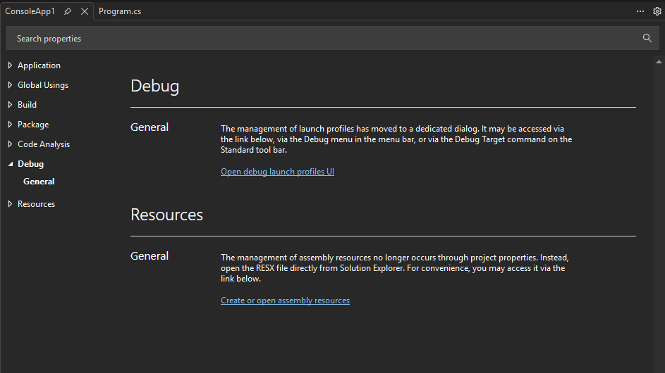Captura de ecrã que mostra as propriedades do projeto.