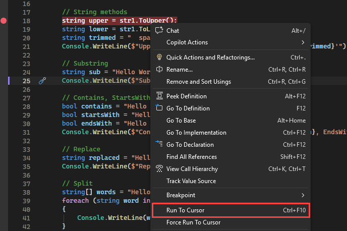 Captura de ecrã que mostra a opção Correr para o Cursor.