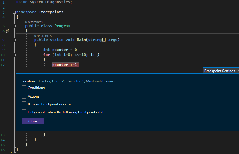 Captura de ecrã a mostrar a janela do ponto de interrupção.
