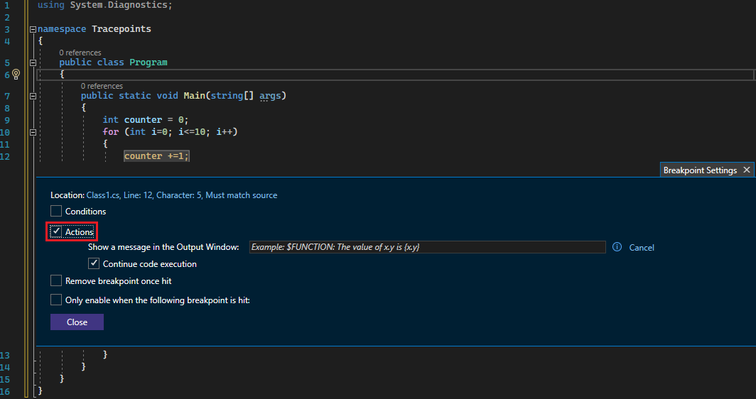 Captura de ecrã da janela do ponto de interrupção com a Caixa de Ações marcada.