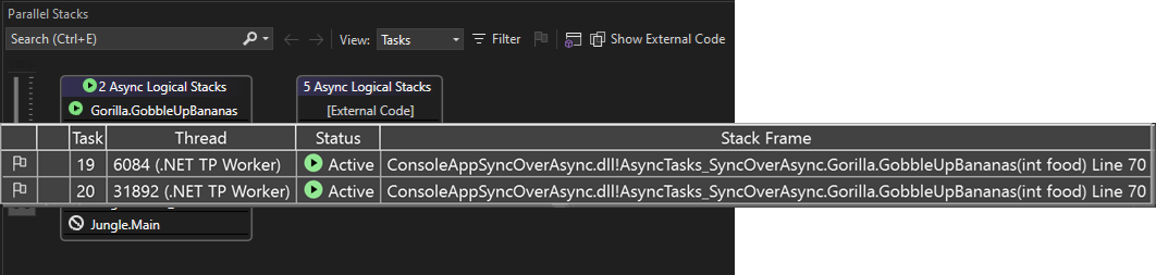 Captura de ecrã dos threads associados com a pilha de chamadas.