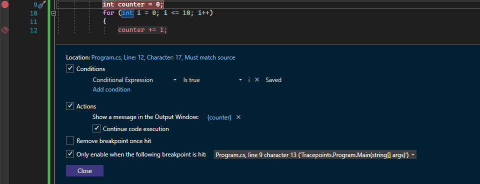 Captura de tela mostrando ativar quando um ponto de interrupção é atingido marcado.