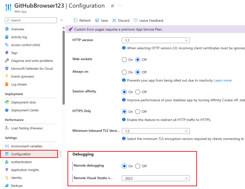 Uma captura de tela das configurações de depuração remota do Azure.