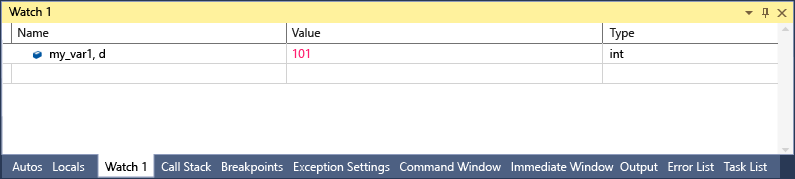 Captura de tela da janela de observação do Visual Studio com uma linha que mostra my_var1, d com um valor de 101 e um tipo de int.