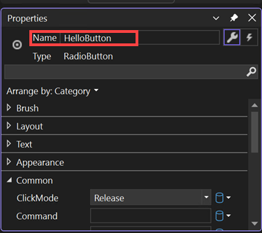 Captura de tela da janela Propriedades de um controle RadioButton com o valor da propriedade Name alterado para HelloButton.