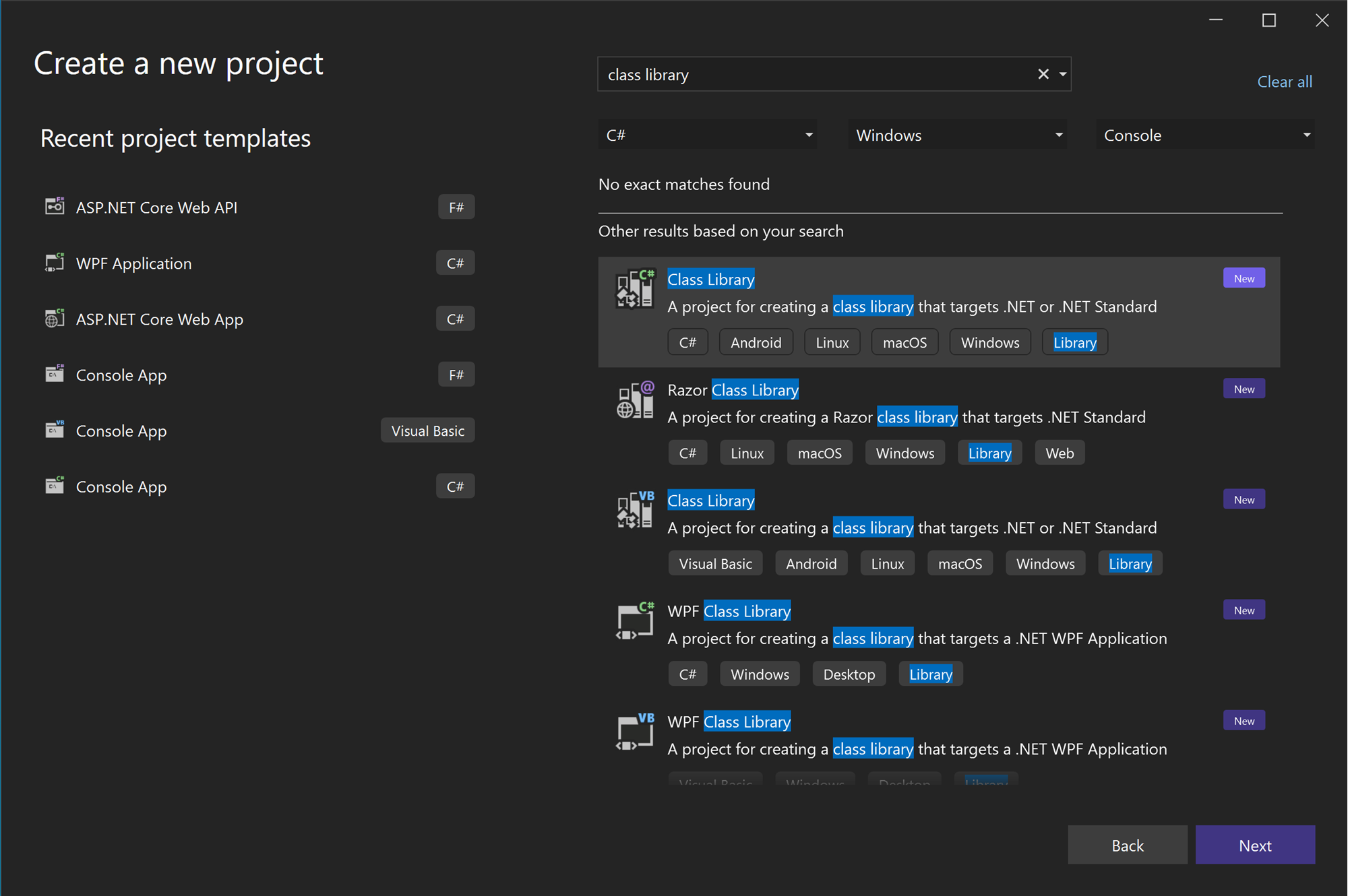 Captura de ecrã da seleção do modelo de projeto da Biblioteca de Classes.